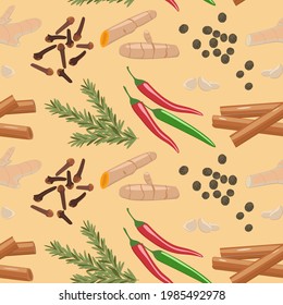 Spices seamless vector pattern. The image of condiments in a flat style on a beige background. Background for kitchen design, wallpaper, fabric, packaging.