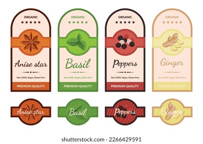 Spices and seasonings package sticker badge set vector flat illustration. Cookery gourmet condiment tags elegant branding ornament anise star basil pepper ginger bottle pack emblem label