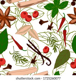 Spices and seasonings. Seamless pattern. Basil, pepper, vanilla, cinnamon, rosemary. Vector illustration.