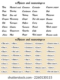 Spices and seasonings text vector collection. For pantry, spice jar, seasoning label, organizer set.  Labels and stickers. Kitchen storage organization. basil, pepper, ginger, sugar, salt.