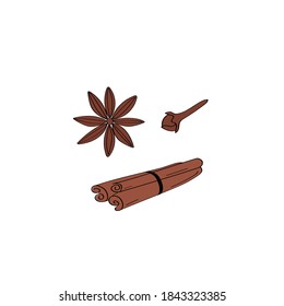 Spices set. Cinnamon sign. Star anise icon. Cloves image. Doodle hand drawn vector illustration