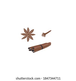 Spices set. Cinnamon sign. Star anise icon. Cloves image. Doodle hand drawn vector illustration