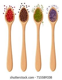 Spices in the spoons isolated on white photo-realistic vector illustration design element in culinary, cooking ingredient, package decoration Web site page and mobile app design vector element.