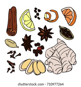 Spices vector illustration. Doodle style. Design icon, print, logo, poster, symbol, decor, textile, paper, card. 