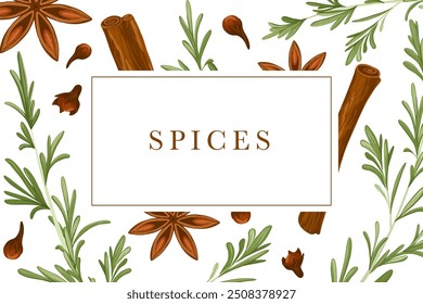 Marca vetorial Spices. Canela, cardamomo, cravo, design de adesivo de alecrim. Caixa de texto. Fundo do padrão de condimentos. Rótulo das embalagens de alimentos, bebidas e aromas Não recortar elementos. Fundo branco