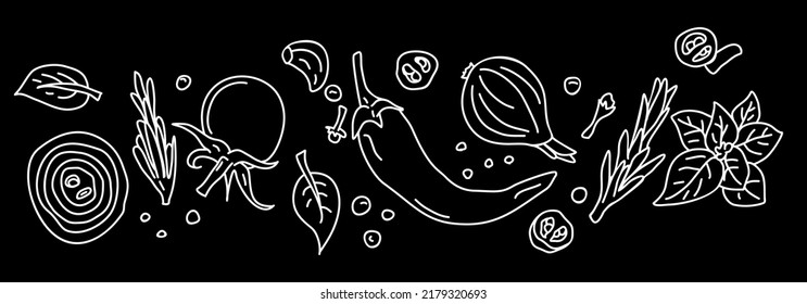 Spices And Vegetables Background. Vector Background With Handmade Herbs And Spices Chalkboard. Sketch Design. Engraved Spice.
