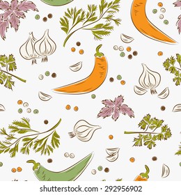 Spices. Vegetables. Seamless pattern of basil, chili pepper, dill, garlic, parsley, peppercorns. Vintage background.