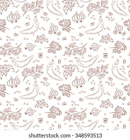 Spices. Vegetables. Seamless pattern of basil, chili pepper, dill, garlic, parsley, peppercorns.