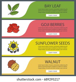 Spices web banner templates set. Bay leaves, goji berries, sunflower seeds, walnut. Website color menu items. Vector headers design concepts
