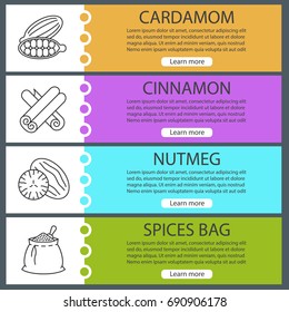 Spices web banner templates set. Cardamon, cinnamon, nutmeg, spices bag. Website color menu items with linear icons. Vector headers design concepts