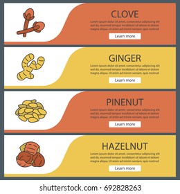 Spices web banner templates set. Clove, ginger, pinenut, hazelnut. Website color menu items. Vector headers design concepts