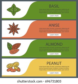 Spices web banner templates set. Basil, anise, almond, peanut. Website color menu items. Vector headers design concepts