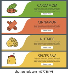 Spices web banner templates set. Cardamom, cinnamon, nutmeg, spices bag. Website color menu items. Vector headers design concepts