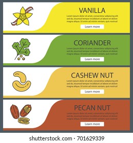 Spices web banner templates set. Vanilla flower, coriander, cashew and pecan nuts. Website color menu items. Vector headers design concepts