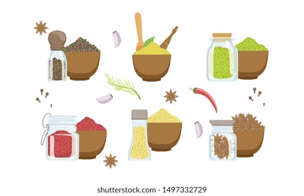 Spices in Wooden Bowl Set, Sesame, Anise Seeds, Peppercorns, Paprika Powder, Svanuri Marili Vector Illustration