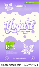Spices Yogurt Label Template. Abstract Vector Dairy Packaging Design Layout. Modern Typography Banner with Bubbles and Hand Drawn Vanilla Flower with Leaves Sketch Silhouette Background. Isolated.