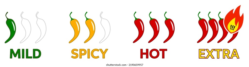 Spiciness scale for chili or hot spicy food - green, yellow and red pepper icon with text below