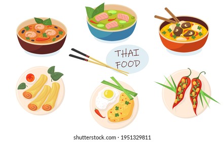 Spicy Asian dishes flat pictures set for web design. Cartoon delicious Thai food in plates and bowls isolated vector illustrations. Traditional food and meal concept