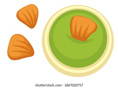 Spicy asian mustard, part of traditional oriental cuisine. Isolated icon of crispy chips dipping in wasabi sauce. Japanese and chinese dishes, snack for bars and diners menu. Vector in flat style