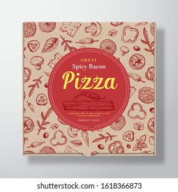 Spicy Bacon Pizza Realistic Cardboard Box. Abstract Vector Packaging Design or Label. Modern Typography, Sketch Seamless Pattern of Cheese, Tomato, Sausages. Craft Paper Background Layout. Isolated.