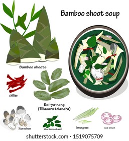 Spicy Bamboo shoots soup in northeastern Thai style,Tom Prer (Kaeng Nor Mai  Biyanang  leaves), popular food in Asia, Thai food menu, Thai herbal ingredients