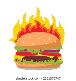 spicy burger with fire icon. Vector Fast food illustration flat icon juicy delicious hamburger isolated on white background.