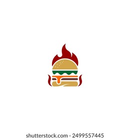 spicy burger logo with burning fire in flat vector design style