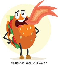 
Spicy Burger Mascot on Fire Vector Cartoon Character. Funny hamburger seasoned with piquant spices 
