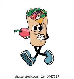 Spicy Burrito Cartoon Character Holding Chili Pepper, Fun Mexican Food Mascot