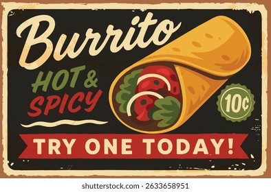 Spicy burrito retro restaurant sign with vintage style illustration – Mexican food vector graphic for taqueria or diner wall art

