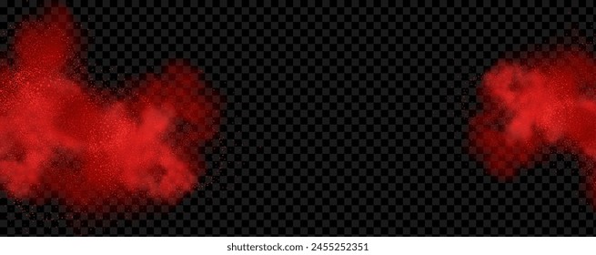 Spicy burst powder. Splashes of red pepper explosion. Overlay effect of chili or paprika spice splatters. Vector realistic illustration of hot, dried spices