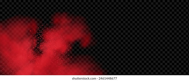 Spicy burst powder. Splashes of red pepper explosion. Overlay effect of chili or paprika spice splatters. Vector realistic illustration of hot, dried spices