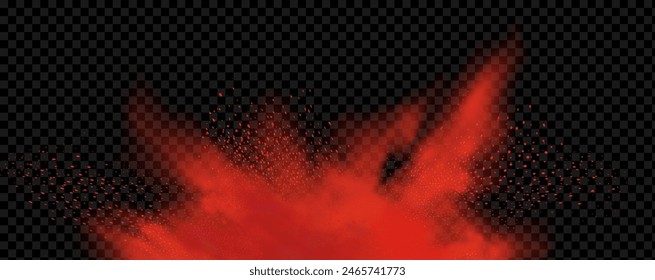 Spicy burst powder. Splashes of red pepper explosion. Overlay effect of chili or paprika spice splatters. Vector realistic illustration of hot, dried spices