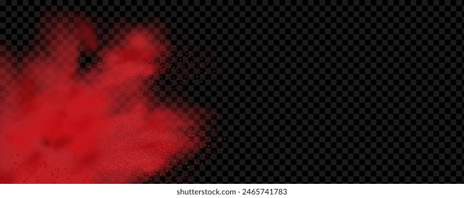 Spicy burst powder. Splashes of red pepper explosion. Overlay effect of chili or paprika spice splatters. Vector realistic illustration of hot, dried spices