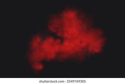 Spicy burst powder. Splashes of red pepper explosion. Overlay effect of chili or paprika spice splatters. Vector realistic illustration of hot, dried spices