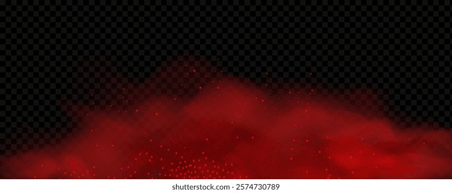 Spicy burst powder. Splashes of red pepper explosion. Overlay effect of chili or paprika spice splatters. Vector realistic illustration of hot, dried spices.