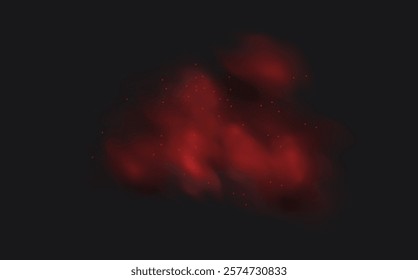 Spicy burst powder. Splashes of red pepper explosion. Overlay effect of chili or paprika spice splatters. Vector realistic illustration of hot, dried spices