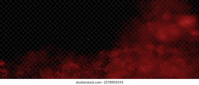 Spicy burst powder. Splashes of red pepper explosion. Overlay effect of chili or paprika spice splatters. Vector realistic illustration of hot, dried spices