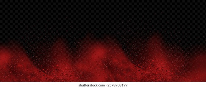 Spicy burst powder. Splashes of red pepper explosion. Overlay effect of chili or paprika spice splatters. Vector realistic illustration of hot, dried spices