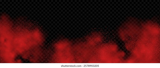 Spicy burst powder. Splashes of red pepper explosion. Overlay effect of chili or paprika spice splatters. Vector realistic illustration of hot, dried spices