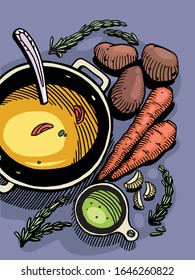 Spicy carrot and potato soup. Potluck and vegetables. Potatoes, carrots, garlic, curry, tarragon. Vegan, slow food.

Cartoon hand drawn food illustrations.