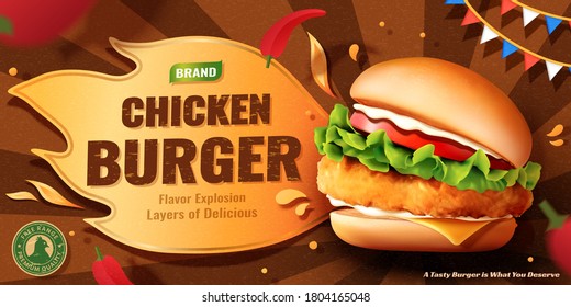 Spicy chicken burger ad banner in 3d illustration over party background