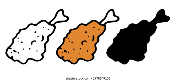 Spicy chicken leg in breadcrumbs. doodle-style isolated elements of a hot chicken leg breaded on the bones of brown and black outline and silhouette on a white background with a spice texture dots for