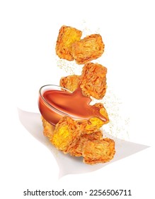 Spicy chicken nuggets or bucket and chili suace flying on white background. Vector in 3D illustration. Fast food concepts.