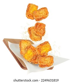 Spicy chicken nuggets flying with wooden plate on white background. Vector in 3D illustration. Food concepts.