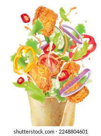 Pintorescos pepitas de pollo envolver y rodar con chile rojo salpicando con fondo blanco, Vector realista en la ilustración 3D.