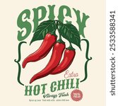 Spicy chili artwork. Chili graphic print design. food prints. summer girls artwork. vintage grunge texture. Hot chili t shirt design for t shirt print, poster, sticker, background and other uses