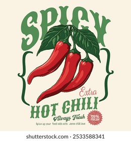 Spicy chili artwork. Chili graphic print design. food prints. summer girls artwork. vintage grunge texture. Hot chili t shirt design for t shirt print, poster, sticker, background and other uses