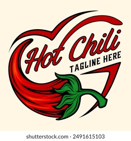 Chilli Design Logo, frisches, rotes Chilielement, perfekt für Saucenetiketten, Aufkleber, Restaurants, Chilisaucenetiketten und scharfe Lebensmittel.