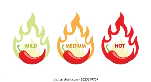 Spicy chili hot pepper, food spice level, spiciness level. Vector red pepper with flame fire icons.